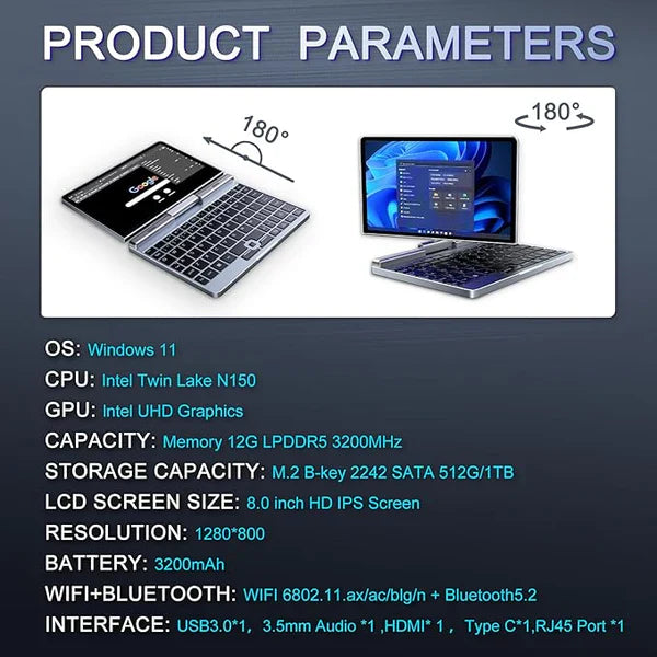 GadgetWorlds Mini Laptop 8" 2-in-1 (2 Year Manufacture Guarantee)